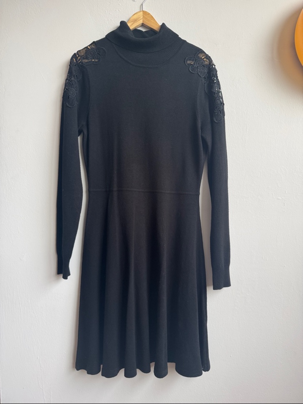 Black Long-Sleeve Turtleneck Sweater Dress with Lace Shoulder Detail